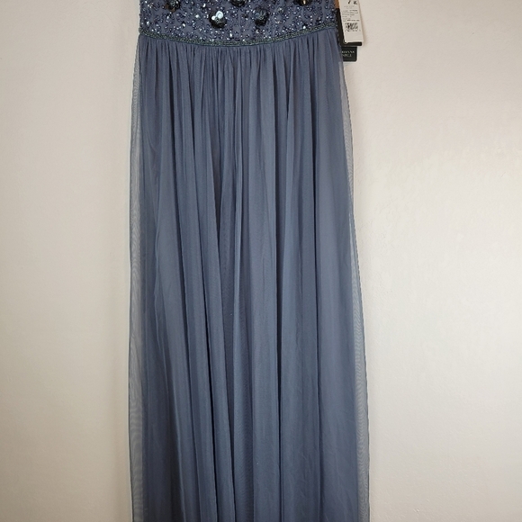NWT Adrianna Papell Floral Beaded Top w/Tulle Chiffon Gown in Dusty Blue Size 6 - Picture 6 of 15